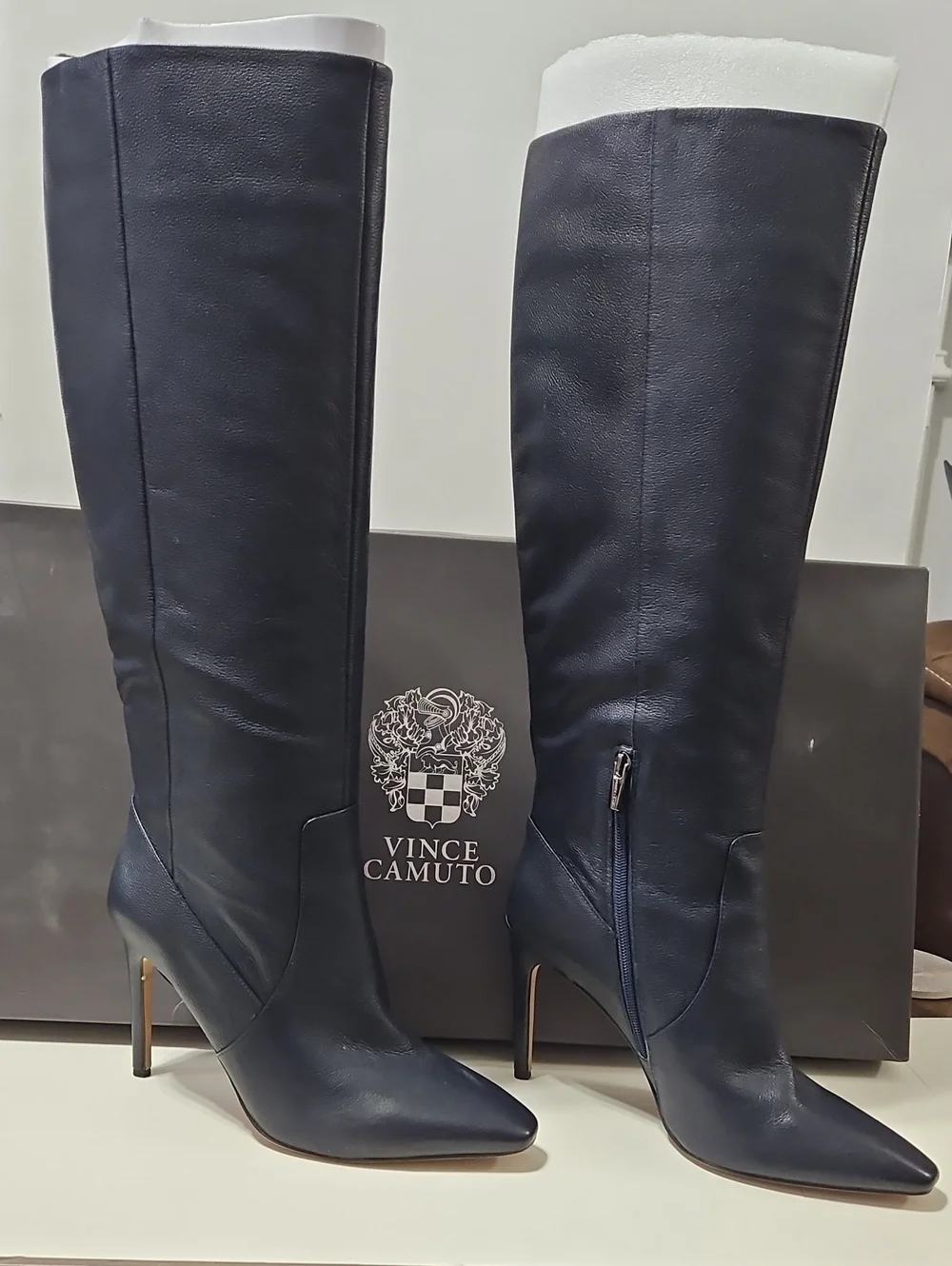 Vince Camuto Navy Leather Over-the-Knee Pointed-Toe Stiletto Boots